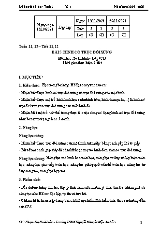 Kế hoạch bài dạy Toán 6 (Cánh diều) - Tuần 11+12 - Bài 5: Hình có trục đối xứng - Năm học 2023-2024 - Phạm Thị Bích Liên