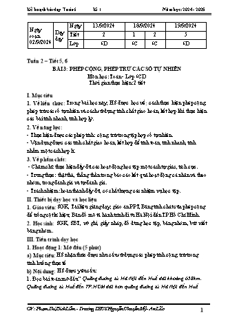 Kế hoạch bài dạy Toán 6 (Cánh diều) - Tuần 2 - Bài 3: Phép cộng, phép trừ các số tự nhiên - Năm học 2024-2025 - Phạm Thị Bích Liên