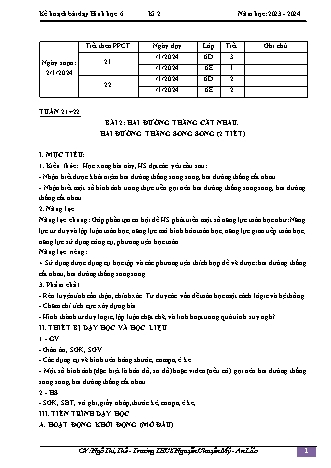 Kế hoạch bài dạy Toán 6 (Cánh diều) - Tuần 21+22 - Bài 2: Hai đường thẳng cắt nhau. Hai đường thẳng song song - Năm học 2023-2024 - Ngô Thị Thế
