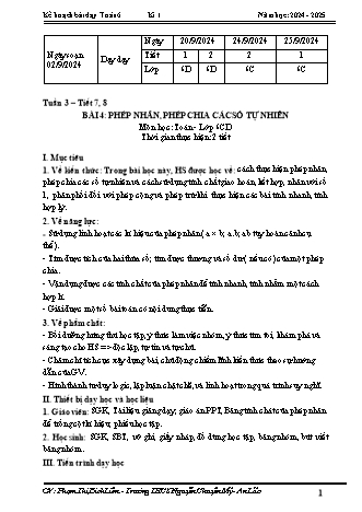 Kế hoạch bài dạy Toán 6 (Cánh diều) - Tuần 3 - Bài 4: Phép nhân, phép chia các số tự nhiên - Năm học 2023-2024 - Phạm Thị Bích Liên