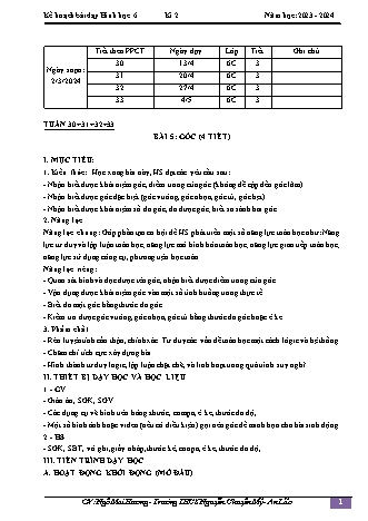 Kế hoạch bài dạy Toán 6 (Cánh diều) - Tuần 30-33 - Bài 5: Góc - Năm học 2023-2024 - Ngô Mai Hương
