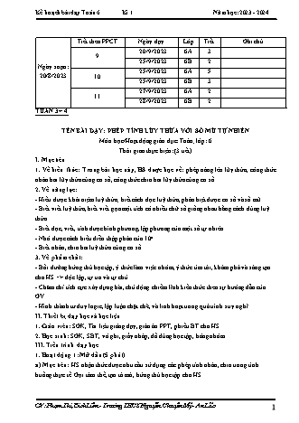 Kế hoạch bài dạy Toán 6 (Cánh diều) - Tuần 3+4 - Bài 6: Phép tính lũy thừa với số mũ tự nhiên - Năm học 2024-2025 - Phạm Thị Bích Liên