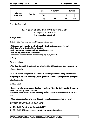 Kế hoạch bài dạy Toán 6 (Cánh diều) - Tuần 5 - Bài 7: Quan hệ chia hết. Tính chất chia hết - Năm học 2024-2025 -  Trường THCS Nguyễn Chuyên Mỹ