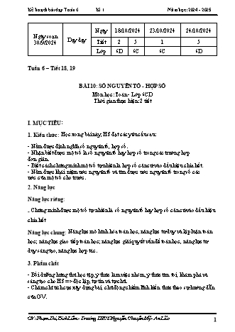 Kế hoạch bài dạy Toán 6 (Cánh diều) - Tuần 6 - Bài 10: Số nguyên tố, hợp số - Năm học 2024-2025 - Phạm Thị Bích Liên