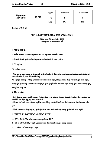 Kế hoạch bài dạy Toán 6 (Cánh diều) - Tuần 6 - Bài 9: Dấu hiệu chia hết cho 3 và 9 - Phạm Thị Bích Liên