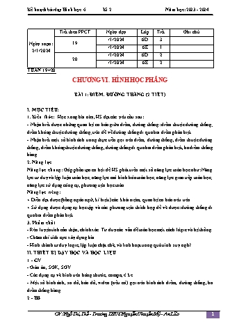 Kế hoạch bài dạy Toán 6 (Chân trời sáng tạo) - Chương 5 - Bài 1: Điểm. Đường thẳng - Năm học 2023-2024 - Ngô Thị Thế