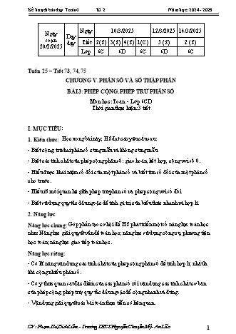 Kế hoạch bài dạy Toán 6 (Kết nối tri thức) - Chương 5 - Bài 4: Phép cộng, phép trừ phân số - Năm học 2024-2025 - Phạm Thị Bích Liên