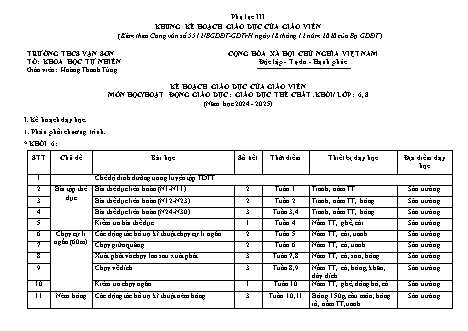 Kế hoạch giáo dục của giáo viên Giáo dục thể chất lớp 6+8 - Năm học 2024-2025 - Trường THCS Vạn Sơn